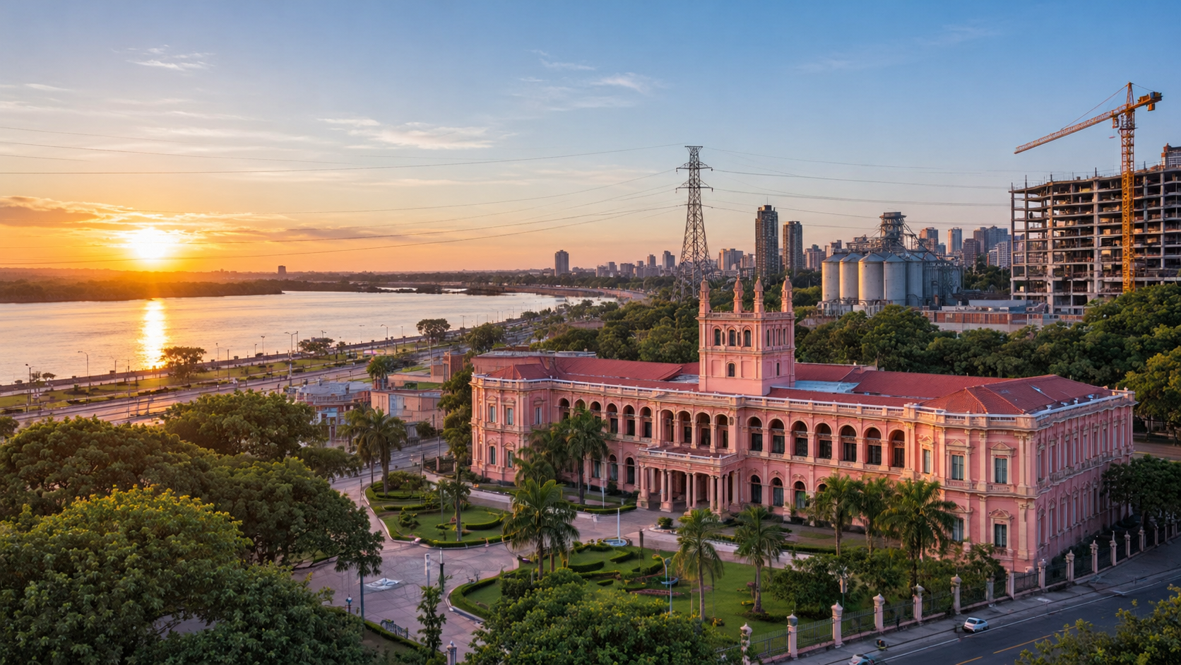 Palacio histórico junto al río al atardecer
