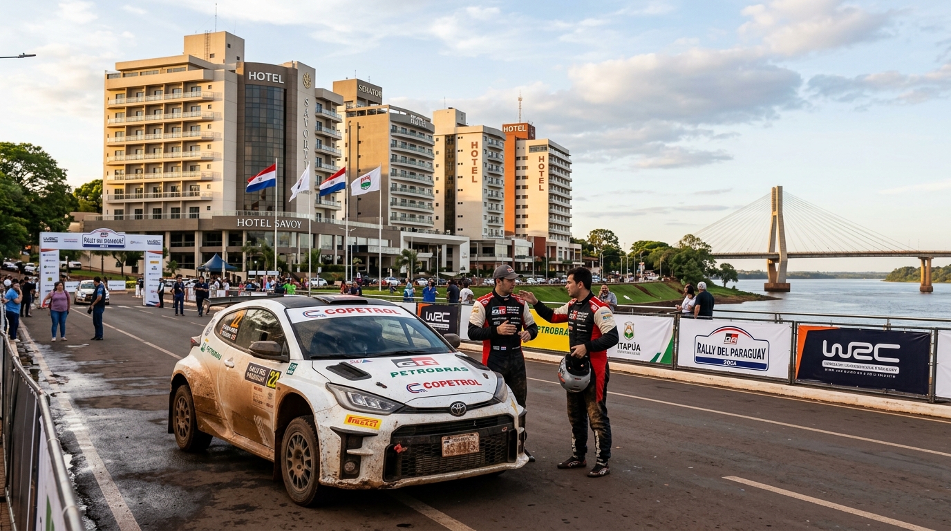 Vas a tener en cuenta las imágenes del Rally del Paraguay para crear una imagen que tenga relación con los autos del rally y de fondo los hoteles con una foto ilustrativa que represente al departamento de Itapúa, porque la nota periodística tiene este enfoque: Más hoteles, pero menos demanda: el desafío que enfrenta Itapúa después del Rally
