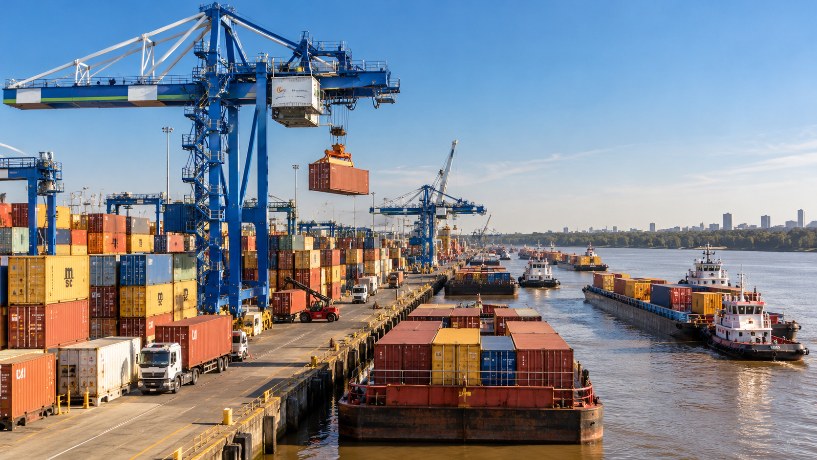 Puerto industrial con grúas y barcazas