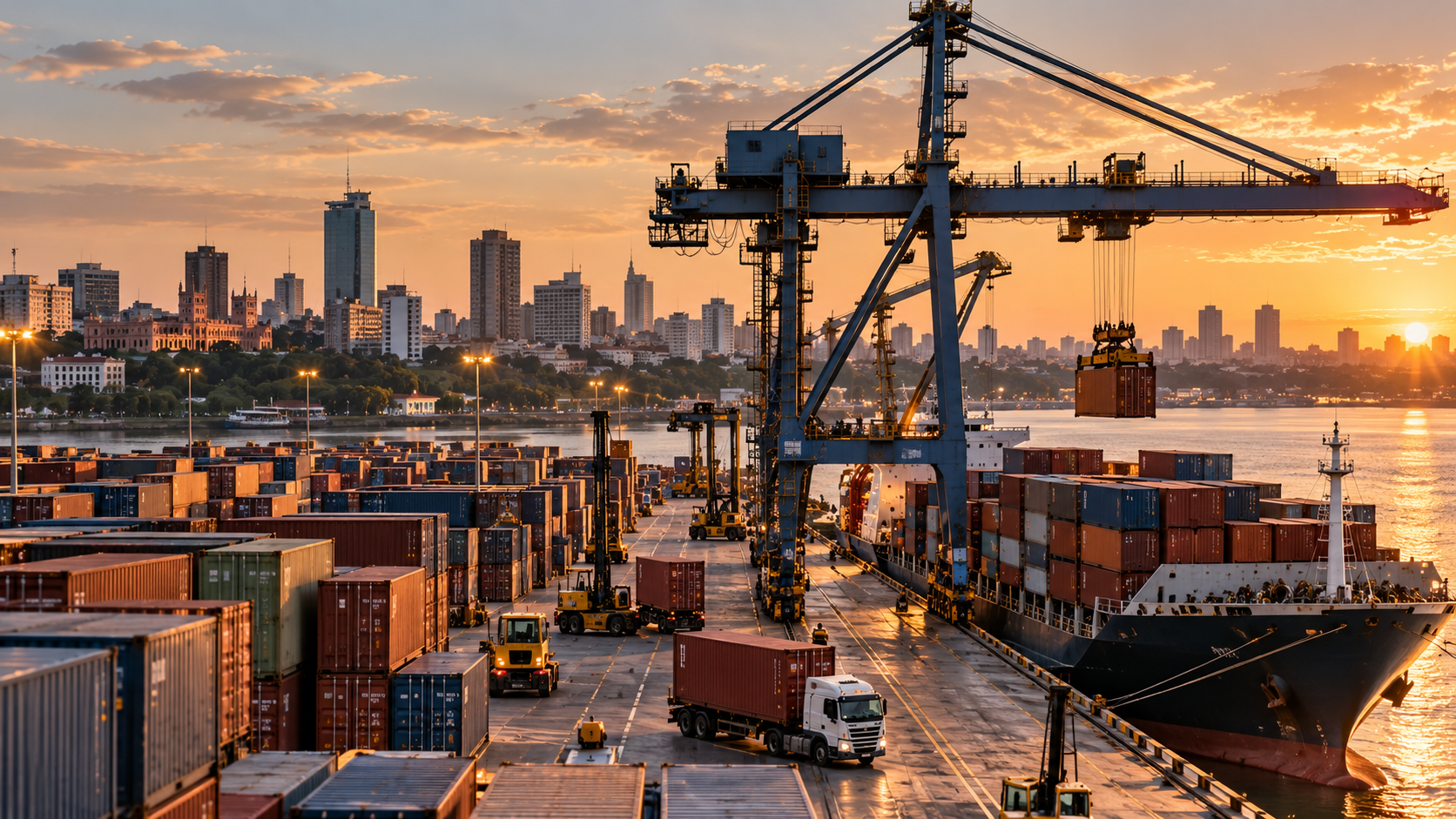Puerto industrial al atardecer con grúas y skyline