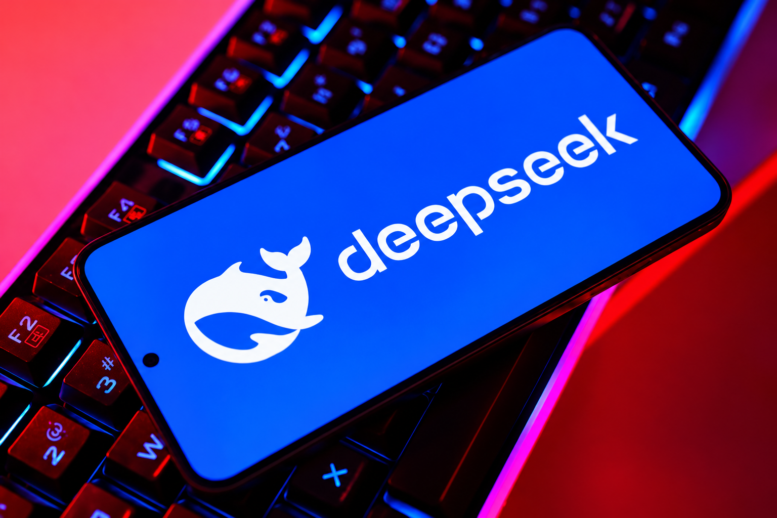 Smartphone DeepSeek sobre teclado RGB neon